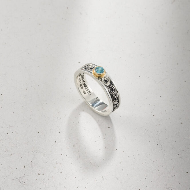 Kyma band ring in Sterling Silver with 18K Gold and Blue topaz