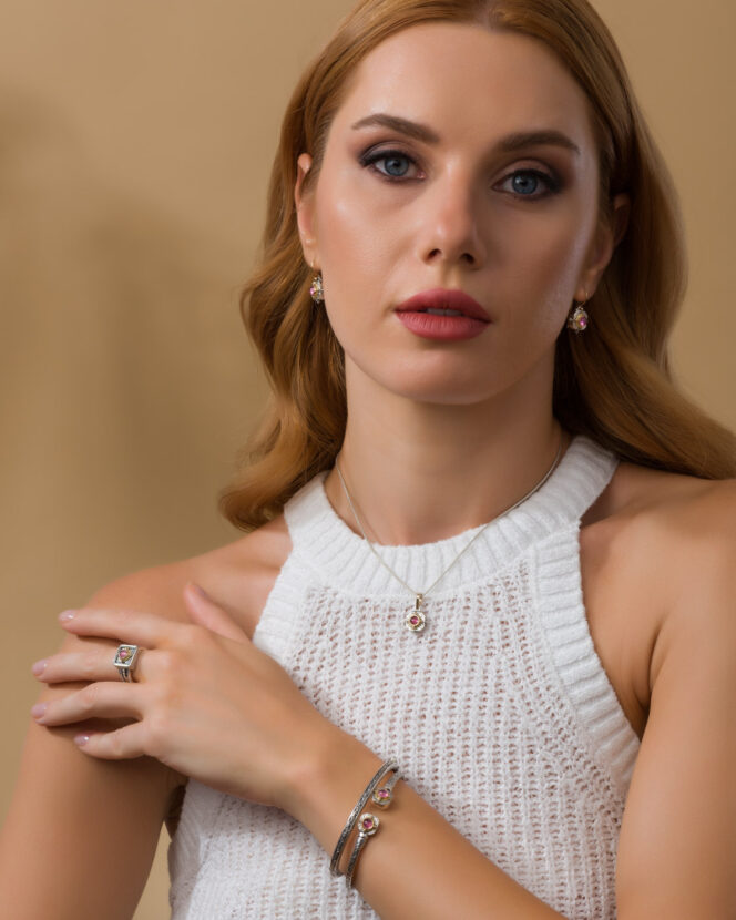 Cyclades square set in 18K Gold and Sterling silver with semi precious stones - Image 2