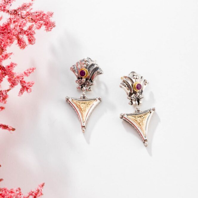 Santorini triangle earrings in 18K Gold and Sterling Silver with ruby