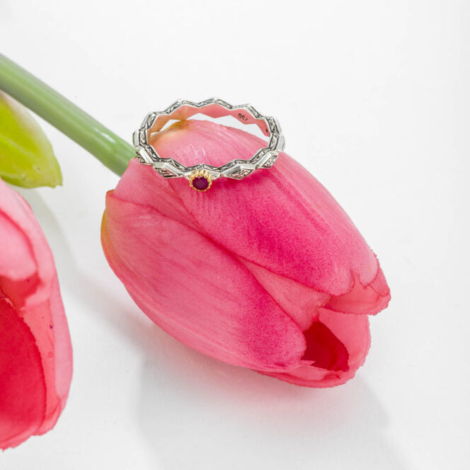 Band ring in sterling silver with 18K Gold and Gemstone