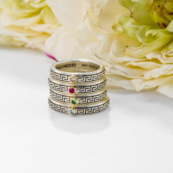 Meander band ring in sterling silver with 18K Gold and Gemstone
