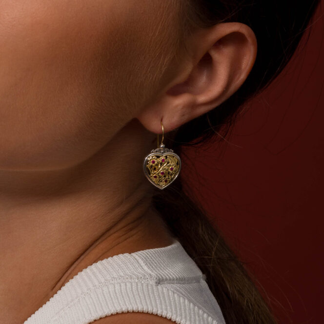Harmony Heart earrings in 18K Gold and Sterling silver with rubies - Image 2