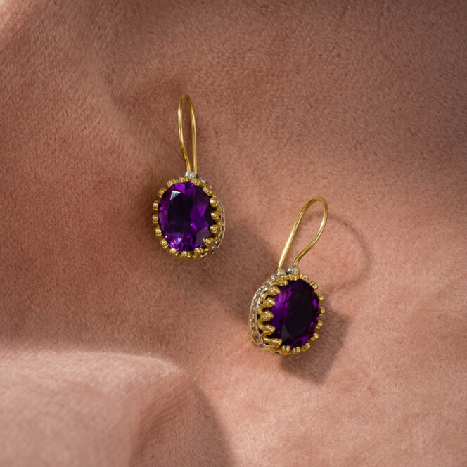 Crown oval earrings in 18K Gold and Sterling Silver with amethyst