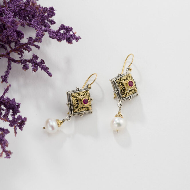 Byzantine long earrings in 18K Gold and sterling silver with ruby - Image 2
