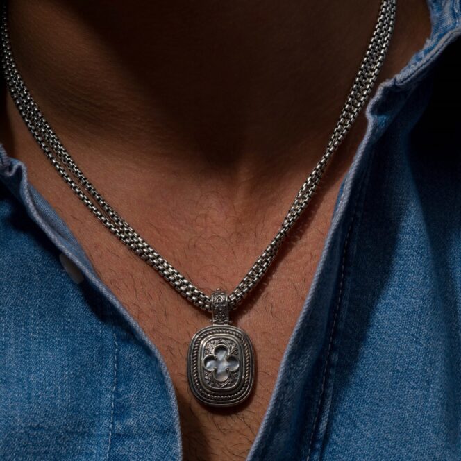 Triple Box Chain Necklace with Odysseus Pendant in Sterling Silver with Semi Precious Stone