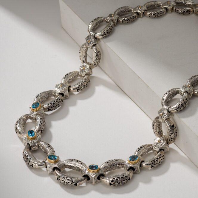 Garden Shadows Necklace in 18K Gold and sterling silver with Blue Topaz - Image 2