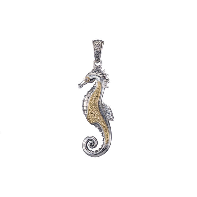 Sea Horse Pendant in 18K Gold and Sterling Silver with Precious Stones - Image 2