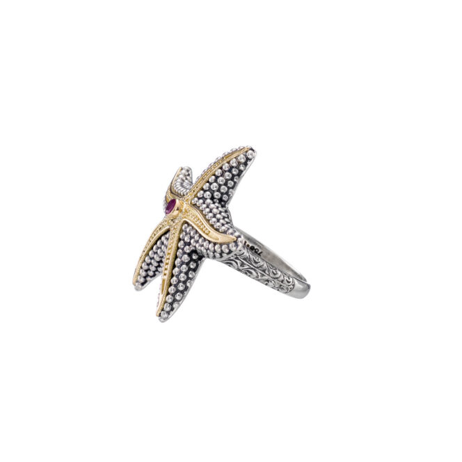 Starfish big Ring in 18K Gold and Sterling Silver with Gemstone - Image 4