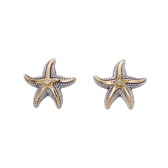 Starfish big stud Earrings in 18K Gold and Sterling Silver with Brown Diamonds - Image 4