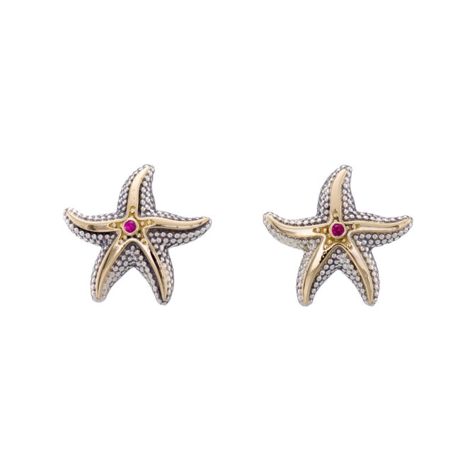Starfish big stud Earrings in 18K Gold and Sterling Silver with Brown Diamonds - Image 3