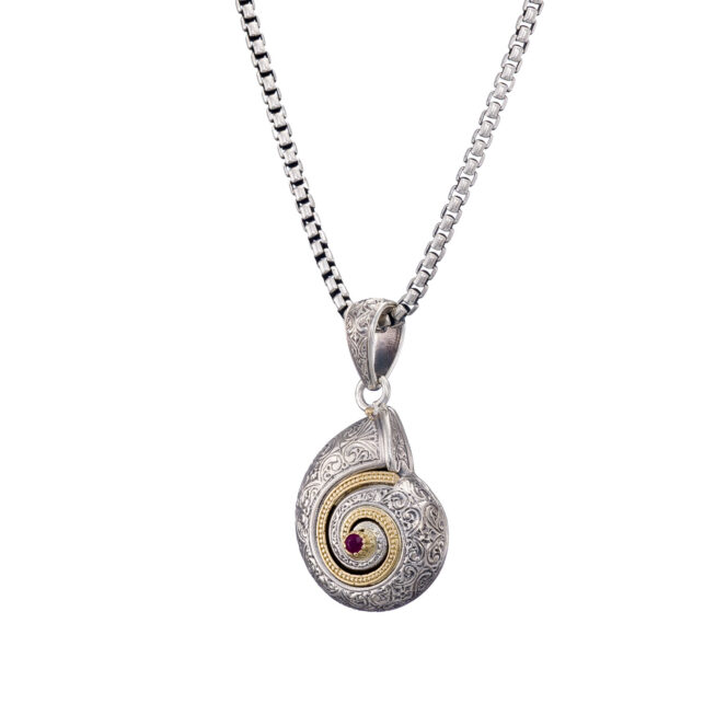 Sea Snail Pendant in 18K Gold and Sterling Silver with Ruby - Image 3