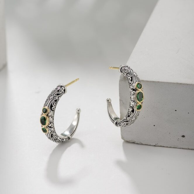 Kynthia Hoops Earrings in 18K Gold and Sterling Silver with 3 Gemstones - Image 2