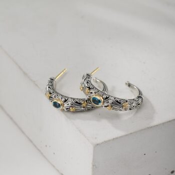 Kynthia Hoops Earrings in 18K Gold and Sterling Silver with oval Gemstones