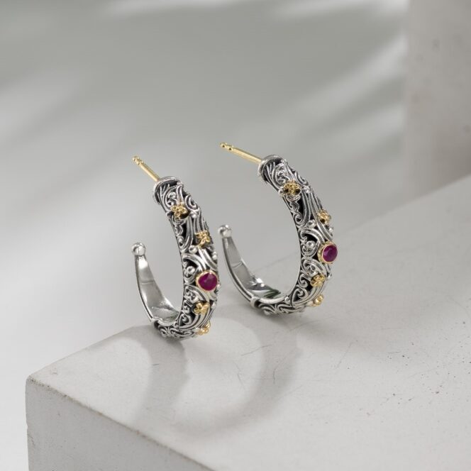 Kynthia Hoops Earrings in 18K Gold and Sterling Silver with Gemstones