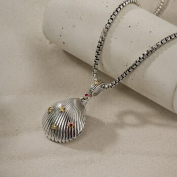Sea Shell Locket Pendant in Sterling Silver with Details in 18K Gold and Precious Stones
