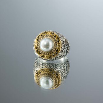Kosmos Ring in 18K Gold and Sterling Silver with Brown Diamonds and Pearl