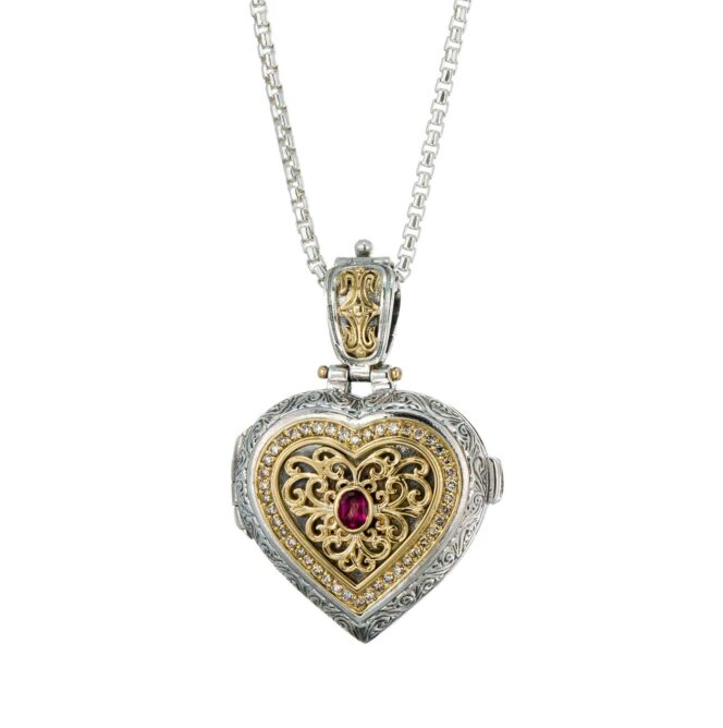 Kosmos Heart Locket in 18K Gold and Sterling Silver with Brown Diamonds and Pink Topaz - Image 4
