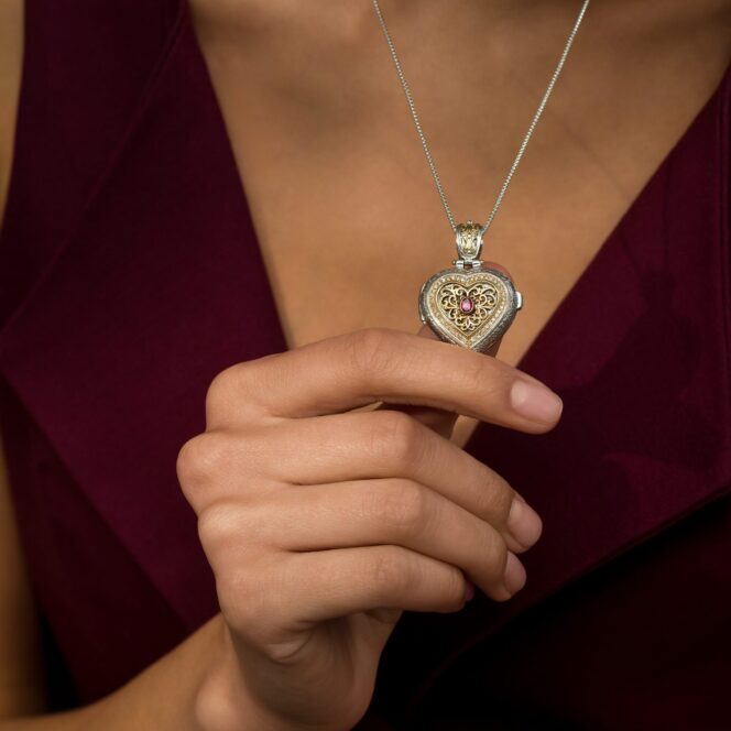 Kosmos Heart Locket in 18K Gold and Sterling Silver with Brown Diamonds and Pink Topaz - Image 2