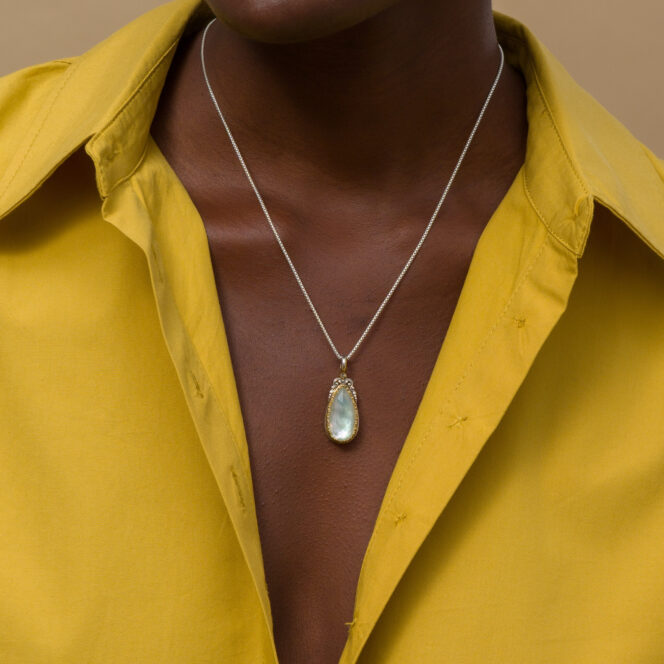 Iris Drop Pendant in Sterling Silver with Gold plated parts and Doublet Gemstone - Image 2