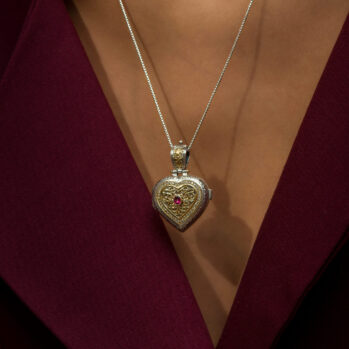 Kosmos Heart Locket in 18K Gold and Sterling Silver with Brown Diamonds and Pink Topaz