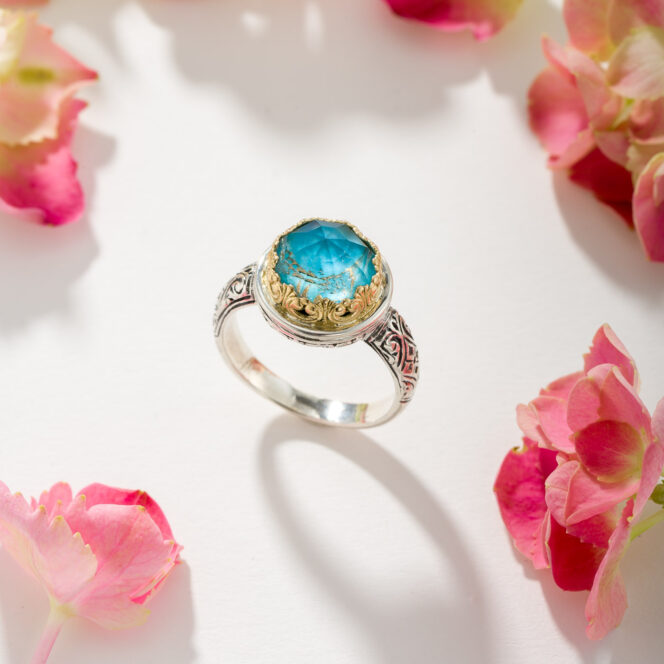 Imperial Iris Round Ring in 18K Gold and Sterling Silver with Doublet Stone - Image 2