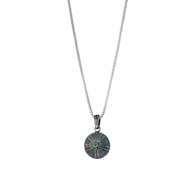 Sea Urchin tiny Pendant in Sterling Silver with 18K Gold details and Gemstone - Image 2
