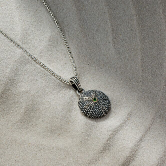 Sea Urchin tiny Pendant in Sterling Silver with 18K Gold details and Gemstone