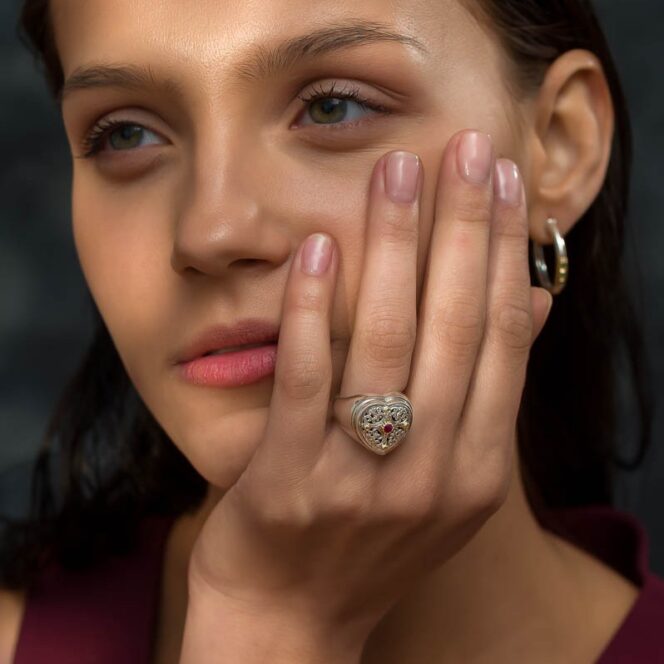 Simplicity Heart Ring in 18K Gold and Sterling Silver with Ruby - Image 4