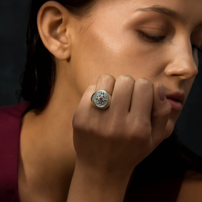 Simplicity Oval Ring in 18K Gold and Sterling Silver with Ruby