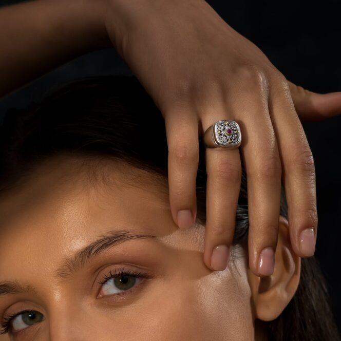 Simplicity Square Ring in 18K Gold and Sterling Silver with Ruby - Image 2