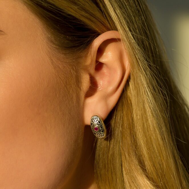 Simplicity Half Hoop Earrings in 18K Gold and Sterling Silver with Ruby - Image 2