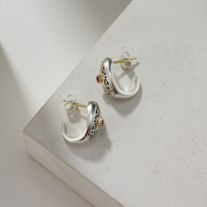 Simplicity Half Hoop Earrings in 18K Gold and Sterling Silver with Ruby - Image 3