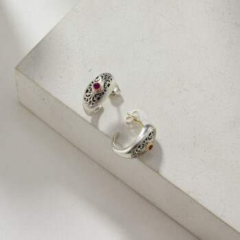 Simplicity Half Hoop Earrings in 18K Gold and Sterling Silver with Ruby