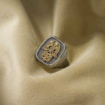 Hamsa Ring in 18K Gold and Sterling Silver with Brown Diamond