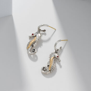 SeaHorse Earrings in 18K Gold and Sterling Silver with Rubies