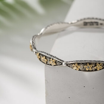 Wild Flower Anthemis Bangle Bracelet in 18K Gold and Sterling Silver with Precious Stones