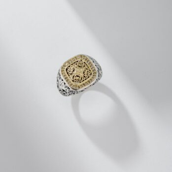 Kosmos Square Ring in 18K Gold and Sterling Silver with Brown Diamonds