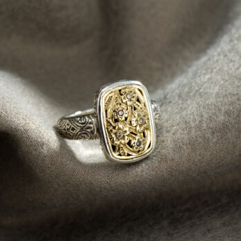 Harmony Cushion Ring in 18K Gold and Sterling Silver with Brown Diamonds