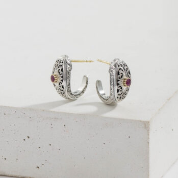 Mediterranean Half Hoop Earrings in 18K Gold and Sterling Silver with Ruby